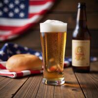 Festive beer scene with an American flag buns and bottles celebrating a holiday or event photo