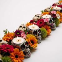 Vibrant Day of the Dead floral border adorned with skulls and candles photo