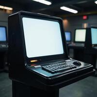 A retrofuturistic scifi computer terminal awaits interaction on a blank screen within a game design setting photo