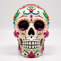 Stylized depiction of a vibrant decorated sugar skull against a pure white backdrop photo