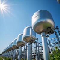Blue spherical hydrogen tanks in a modern innovation power station showcasing BPVC technology and housing H2 molecules beneath the summer sky photo