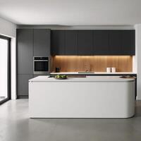 A sleek modern minimalist kitchen in shades of white and anthracite featuring wood backsplashes and a concrete floor photo