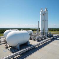 Liquefied Gas Storage Industrial landscape featuring spherical BPVC tanks storing cryogenic liquids under a blue sky photo