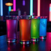 Bold neonlit nightclub ambiance showcasing glowing beverages against a mysterious backdrop photo