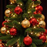 A Christmas tree featuring multiple bright ornaments accompanied by a goldenandred New Years tree arrangement photo