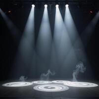 Dramatic stage with vibrant lighting effects and thick fog photo