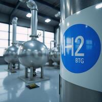 A 3D image featuring a highpressure spherical tank factory producing ecofriendly hydrogen fuel for obtaining clean energy the facility is marked with a logo for BPVCs hydrogen innovations and focuses photo