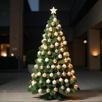 A Christmas Tree amidst a softly blurred backdrop photo