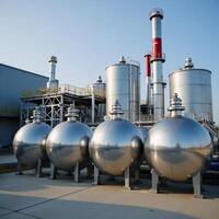 A detailed 3D rendering featuring liquefied gas storage spheres and production equipment in a chemical factory or plant within the broader context of the chemicals industry BVC ASME Reservoirs photo