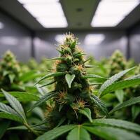 Cultivating marijuana plants under LED lights photo