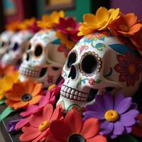 Vibrant Day of the Dead paper craft skulls decorated with floral motifs amidst colorful flowers photo