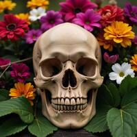 Skull adorned with vibrant flora and foliage Colorful Arrangement photo