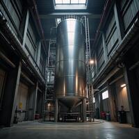 Inside a large futuristic hydrogen production facility illustrated through metal industrial tanks and surrounding pipes as envisioned by photo