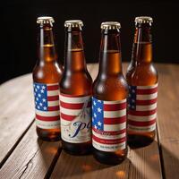 Four beer bottles adorned with American flags chill on a wood table evoking festivity and pride photo
