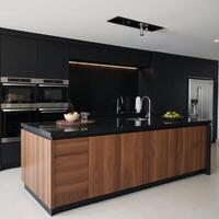 Dark kitchen with a harmonious blend of black and walnut finishes photo