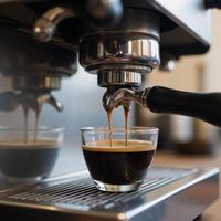 Sketch of a steaming espresso machine serving coffee into a cup against a blurry caf backdrop photo