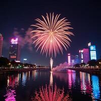 A vibrant retro neon firework show against a glowing neon backdrop photo
