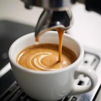 Coffee steaming up as espresso pours into a waiting cup photo