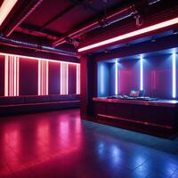 Neonlit club scene Dance floor DJ booth empty nightclub photo