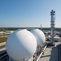 A modern petrochemical factory features spherical BPVC gas tanks in a setting with clear blue skies and other storage tanks for cryogenic liquids under the gaze of a processing station photo