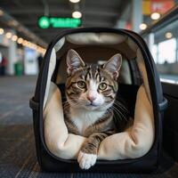 A cat inside an airport carrier photo