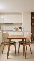 A cozy beigethemed kitchen showcases a dining table photo