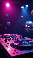A luminous digital rendition of a vibrant DJ setup amidst glowing planets under a cosmic neon glow Nightclub Ambiance photo
