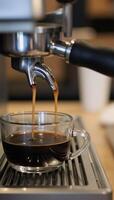 Sketch of a steaming espresso machine serving coffee into a cup against a blurry caf backdrop photo