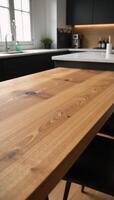 A detailed 3D render of a charming natural wood table against a stylish kitchen backdrop photo