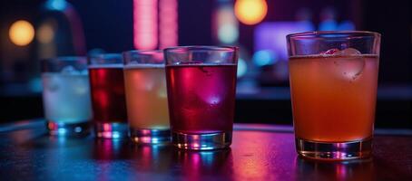 Bold neonlit nightclub ambiance showcasing glowing beverages against a mysterious backdrop photo
