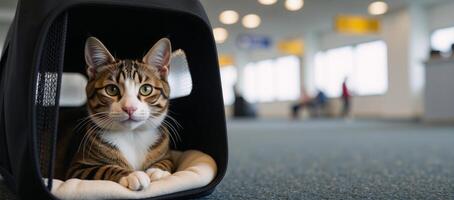 A cat inside an airport carrier photo