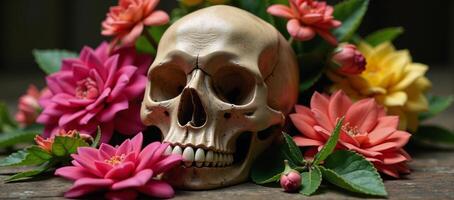 Skull adorned with vibrant flora and foliage Colorful Arrangement photo
