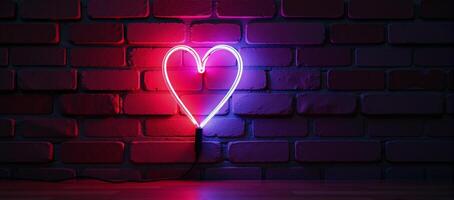 A vibrant red and blue neonlit heart against a brick wall backdrop photo