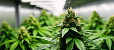 Cultivating marijuana plants under LED lights photo