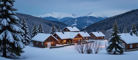 Winter Christmas Village with SnowCovered Houses Frosty Trees Mountains Faintly Outlined in Distance photo