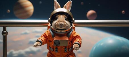 A cartoony depiction of an astronaut rabbit exploring outer space photo