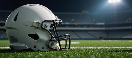 Closeup shot of an empty football helmet set against a blurry stadium backdrop emphasizing intricate sports gear and equipment details photo
