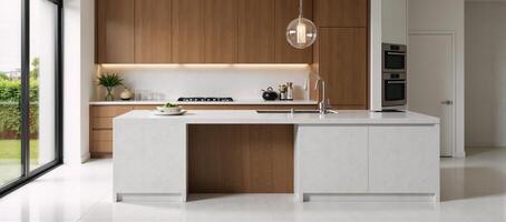 Modern kitchen design showcasing terrazzo tile and countertops along with wood cabinets and contemporary details photo