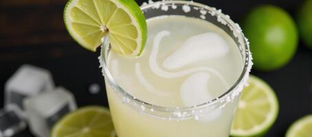 Cocktail Margarita served with ice and limes in a saltrimmed margarita glass Refreshing photo