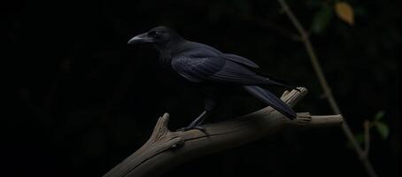A gloomy raven perched somberly on a bare tree limb against a backdrop of darkness photo