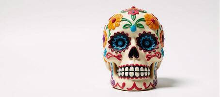 Stylized depiction of a vibrant decorated sugar skull against a pure white backdrop photo