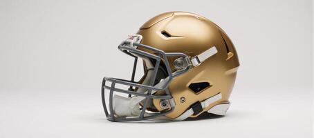 Shiny golden football helmet with sleek design glossy finish and protective grill styled against a clean white backdrop to convey athletic elegance photo