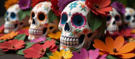 Vibrant Day of the Dead paper craft skulls decorated with floral motifs amidst colorful flowers photo