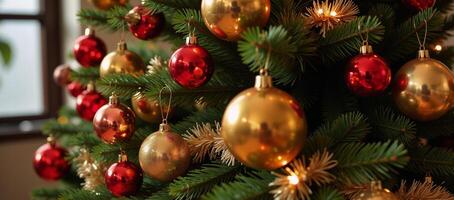 A Christmas tree featuring multiple bright ornaments accompanied by a goldenandred New Years tree arrangement photo
