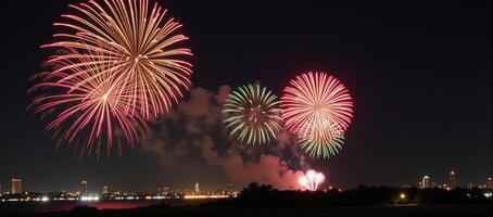 A lively display of colorful fireworks lights up the holiday night sky setting a festive mood photo