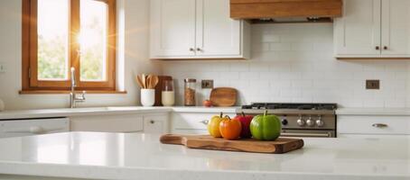 Cozy kitchen featuring white cabinets and warm wood accents photo