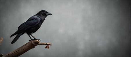 Black raven on a Halloweenthemed distressed gray backdrop in minimalist style photo