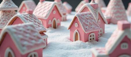 Pasteltoned gingerbread houses decorated with shimmery frosting amidst a winter wonderland photo