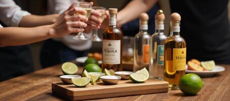 A cinematic rustic tequilatasting scene set against natural light during Cinco de Mayo celebrations with friends photo