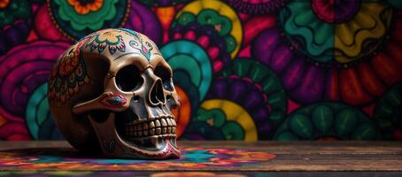 Striking Sugar Skull Calavera Banner showcasing vibrant colors and lively dynamics on a bold Da de los Muertos theme photo